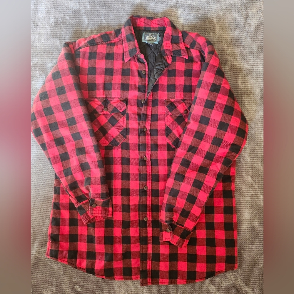 Woolrich Red & Blk Buffalo Plaid Mens Jacket Sz LG, Quilted, Flannel, Button up